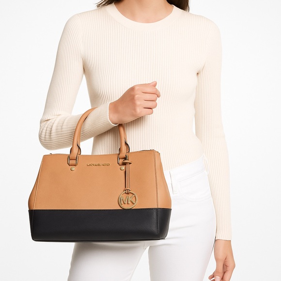 Michael Kors Satchel – Two-Tone Black & Tan Saffiano Leather with Gold Hardware - Picture 1 of 8